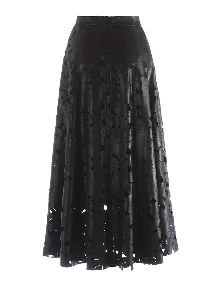 [EAM] High Waist Brown Pu Leather Hollow Out Elegant A-line Half-body Skirt Women Fashion Tide New Spring Autumn 2026 1DJ4309