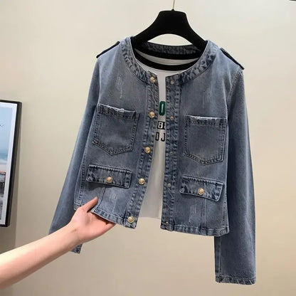 Crew Neck Denim Jacket Long Sleeve Women Single-breasted Retro Korean Fashion Coat Autumn Short Tops Casual Chic Cardigan