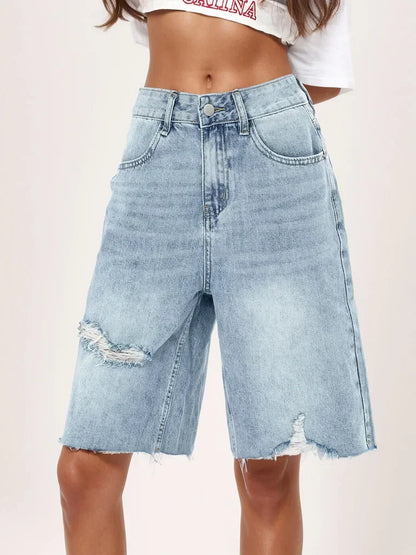 High Waist Retro Jeans Women's Bleached Ripped Loose Raw Hem Cropped Pants Knee Length Denim Shorts