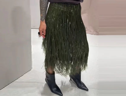 Women's Young Versatile Sparkling Tassel Skirt Fashion Design Casual Evening Party Gown 2025 New Elegant Straight Tube Vistidos