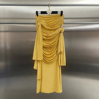 VGH Sexy Yellow Color Bodycon Midi Length Skirts for Women High Waist Spliced Bandage Folds See Through Skirt Female Autumn New