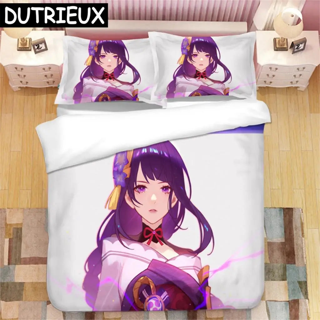 Genshin Impact Raiden Shogun 3D Printed Bedding Set Duvet Covers Pillowcases Comforter Bedding Set Bedclothes Duvet Cover