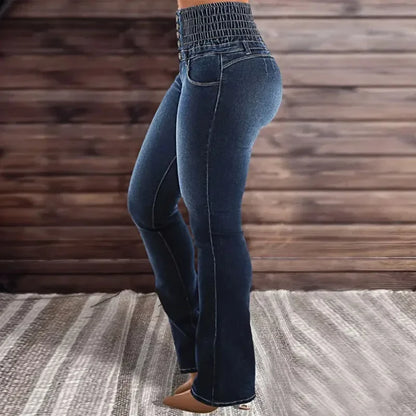 Spring High Waist Elastic Waist Denim Jeans Women's Long Flare Pants Breathable Butt-Lifted plus Size Basic Trousers