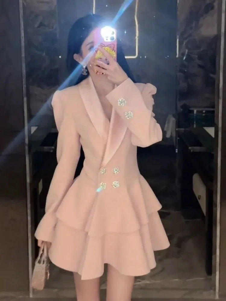 Pink Mini Suit Dress Women Elegant Fashion Button Light Luxury Aesthetic Dresses Autumn Long Sleeve French Office Lady Vestidos