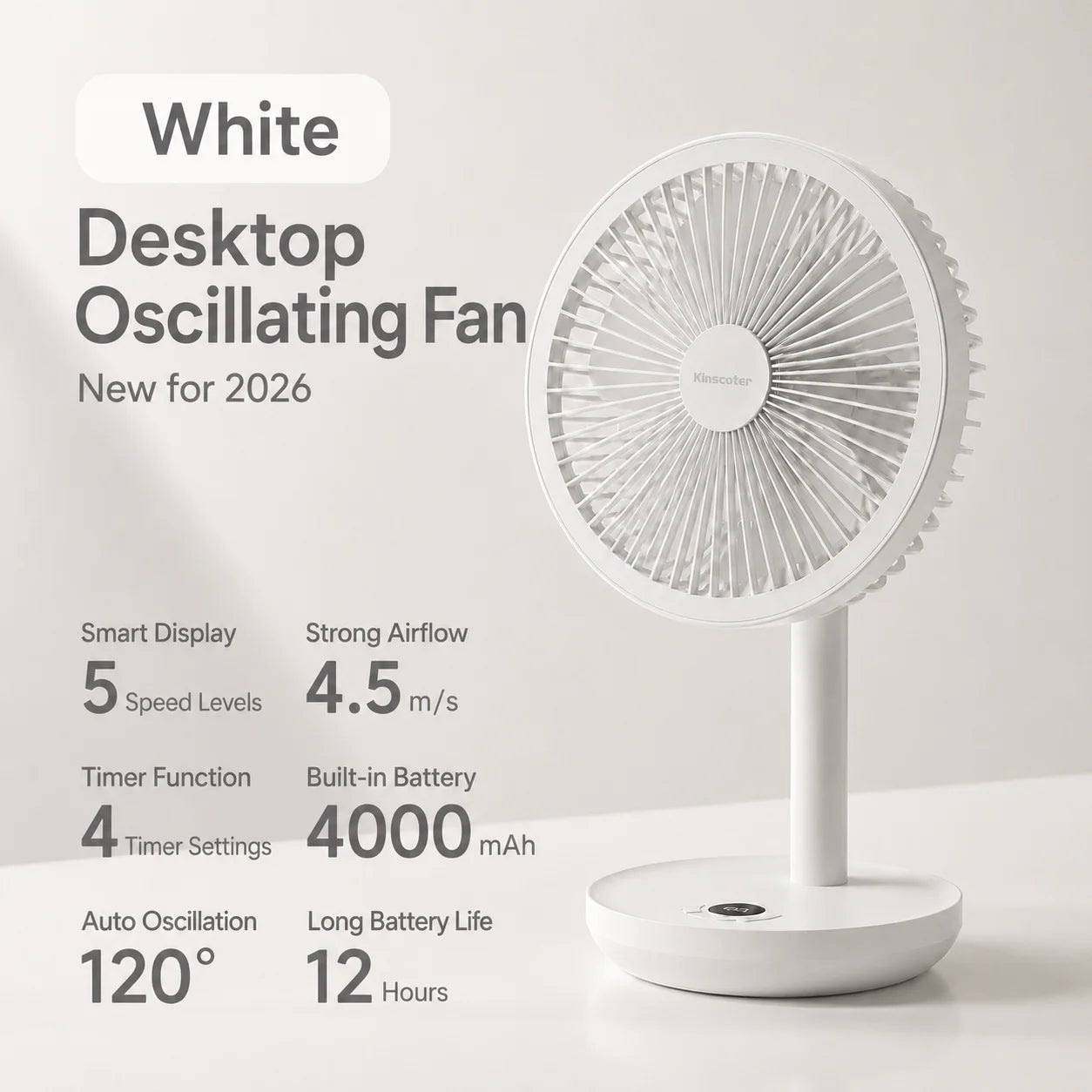 KINSCOTER Smart Oscillating Desk Fan 4000mAh USB Angle Adjustable Silent Rechargeable Fan 5 Wind Speeds for Home/Office/Gift