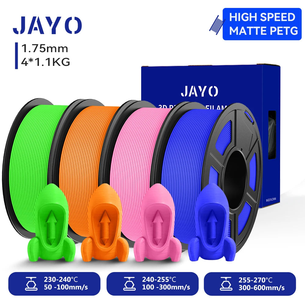 JAYO 4Rolls 3D High Speed Matte PETG 3D Filament 1.75mm 30mm/s - 600mm/s Print Range High Flow Speedy PETG 3D Printer Filament