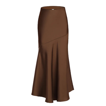 Fishtail Maxi Skirt Elegant Faux Silk Satin Skirts for Women High Waist A-line Office Lady Skirt Solid Color Glossy Finish W6681