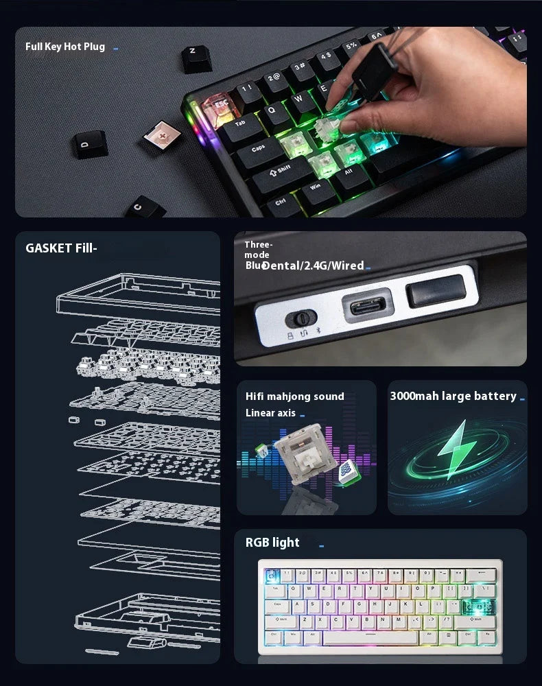 CIDOO QK61 V2 Mechanische Tastatur, 60%-Layout, Gasket-Struktur, VIA-programmierbar, Hot-Swap-fähig, drei Modi, kabellos, RGB-Tastatur