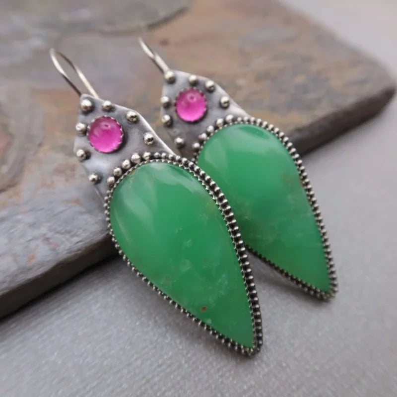 Traditional Earrings, Ethnic Tribal Earrings, Glass Stones, Carved Long Earrings, Heart Shape Earrings,