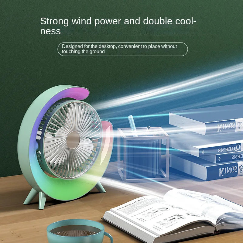 Portable fan, desktop spray, intelligent adjustable, silent, cool air lamp, indoor table fan with seven-color lights