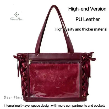 Japanese Sweet Women Ribbon Ita Bag Cute Lolita Girl Transparent Handbags Fashion Large Capacity Tote Bag Aesthetic Shoulder Bag