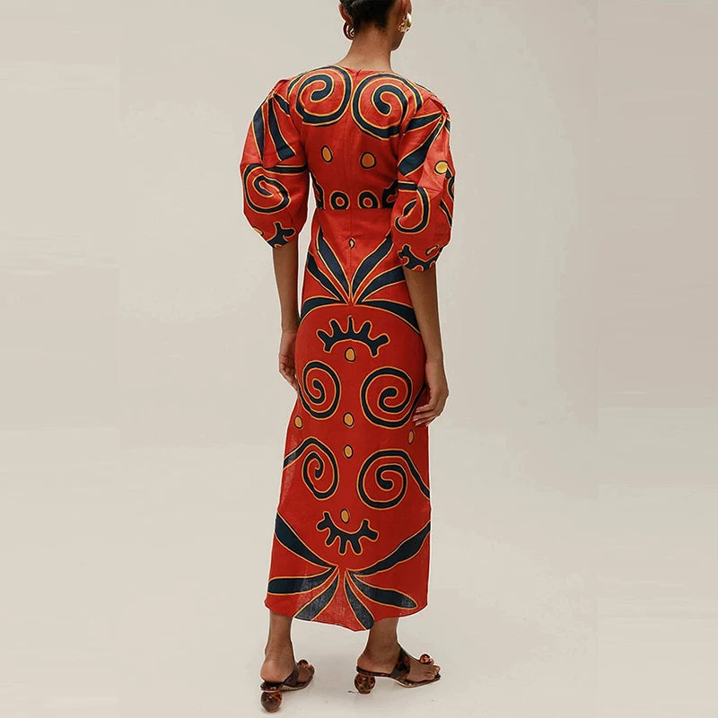Puff Sleeves High Waist Slim Fit Women's Long Dress Vintage Side Split Holiday Dress Low Cut V Neck Pattern Printed A-line Dress