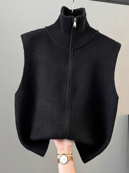 High Collar Zipper Knitted Open Cardigan Vest Women's Loose Layering Jacket Sweater Shoulder Pad Spring Autumn Winter New Style