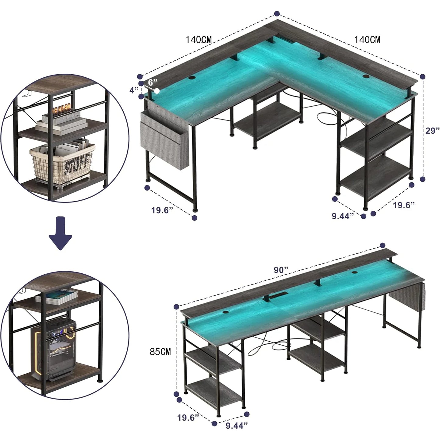 Ergonomic RGB Gaming desk with Monitor Stand Power Connecting USB Ports Cable Management
