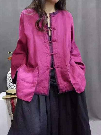 Linen Shirt Jacket Chinese Style Contrasting Color Plate Buckle Cardigan Women's Stand Up Collar Retro Casual Loose Top K1861