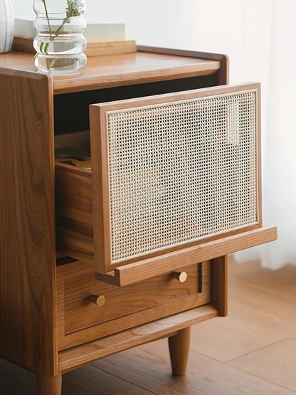 Rattan Weaving Bedroom Furniture, Bedside Table, Multifunctional Small Side Storage Cabinet, Solid Wood Night Stand Customized