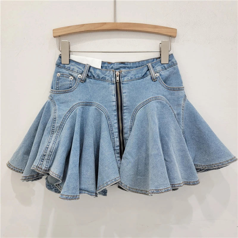 DEAT 3D Cutting Ruffled Edge Denim Skirts For Women 2024 Summer New Fashion Zipper Splicing Pleated Elastic Skirt Female 11A0198