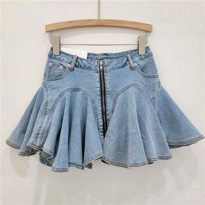 DEAT 3D Cutting Ruffled Edge Denim Skirts For Women 2024 Summer New Fashion Zipper Splicing Pleated Elastic Skirt Female 11A0198