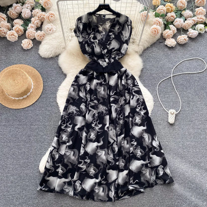 2026 Summer Bohemian Wommen Print Midi Dress Vintage V-Neck Sleeveless High Waist A-Line Plain Vestido Female New Casual Robe