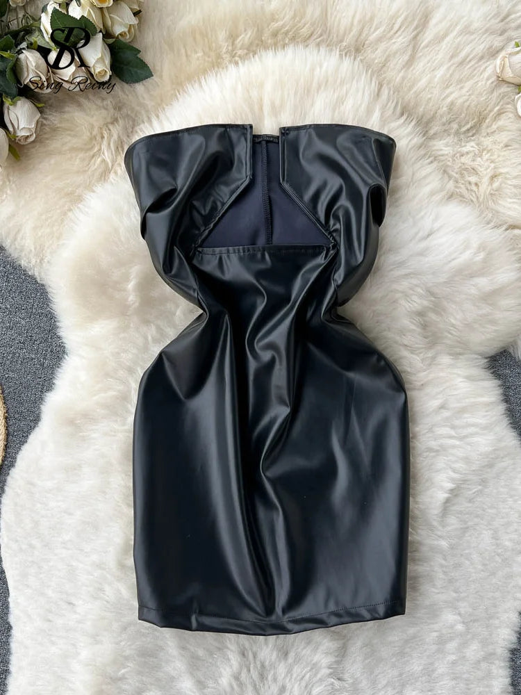 SINGREINY 2023 Strapless Sexy Short Dress Summer Sleeveless Bodycon Hollow Out Fashion Y2K Women Evening PU Leather Slim Dress