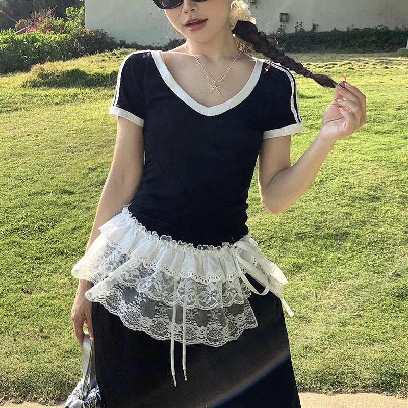 New Trendy Women Y2K Korean Lace Mini Layered Skirt Streetwear Lace Up Ruffles Summer Harajuku High Waist Pleated Skirts Clothes