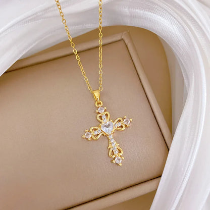 Sweet Cool Hollow Cross with Zircon Pendant Necklace for Women Girls Stainless Steel Chain Punk Cross Accessories Jewelry Gifts