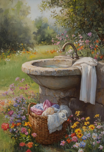 Classic Oil Painting Laundry Room with Clothes Hanging Poster Canvas Art Painting Printing Home Room Wall Pictures Decor Gift