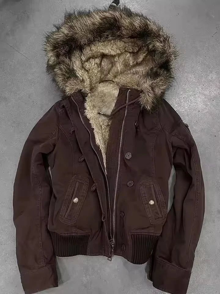 Vintage Popular New Fashion Fur Collar Jacket Female Street Hip Hop Casual Joker Loose Padded Velvet Cotton-padded Jacket Coats