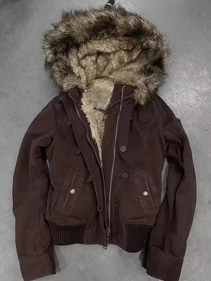 Vintage Popular New Fashion Fur Collar Jacket Female Street Hip Hop Casual Joker Loose Padded Velvet Cotton-padded Jacket Coats