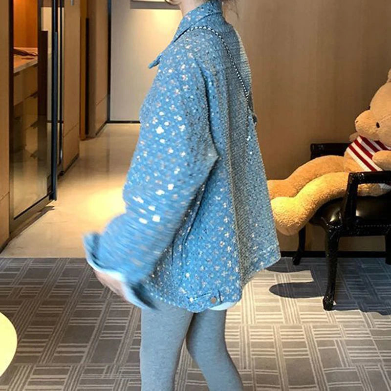 Blue sequined embroidered small fragrance jacket women's autumn and winter new jeans fashion design sense niche jacket