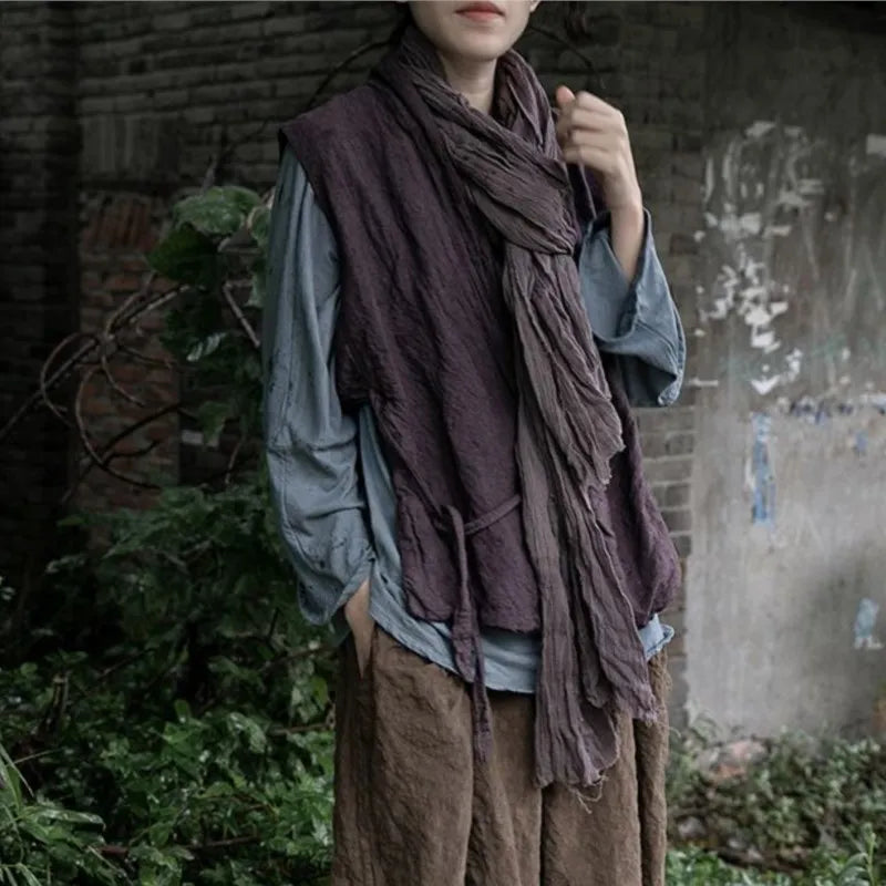 Johnature Women Vintage Linen Bandage Vests Coats Dark Purple V-Neck Chinese Style Clothes 2025 Autumn New Women Vests Coats