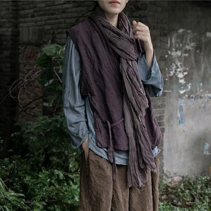 Johnature Women Vintage Linen Bandage Vests Coats Dark Purple V-Neck Chinese Style Clothes 2025 Autumn New Women Vests Coats