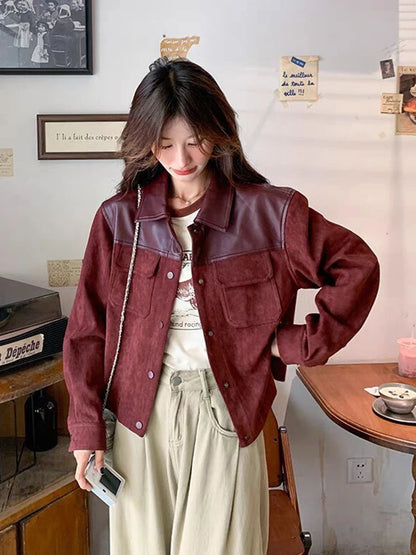 Jmprs Retro Streetwear Jackets Women Pu Patchwork American Coat Fall Winter Long Sleeve Harajuku Vintage Bf Burgundy Casual Tops