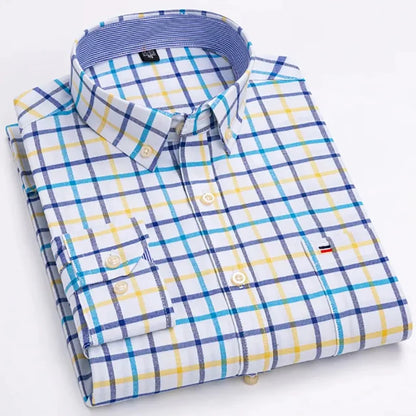 Men's Long Sleeve Oxford Dress Shirt 100% Cotton Plaid Checkered Chest Pocket Button Down Collar Casual Shirts