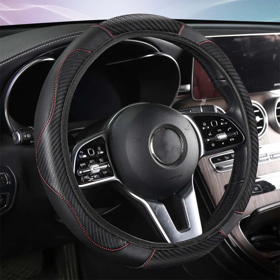 Car Steering Wheel Cover Breathable Anti Slip PU Leather Steering Covers Suitable 37-38.5cm Auto Decoration Carbon Fiber