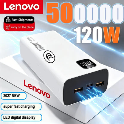Lenovo 500000mAh Portable Power Bank 120WSuper Fast Charging Large Capacity External Battery Charger Powerbank For Xiaomi iPhone