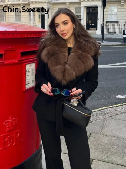 Street Women's Double Breasted Cropped Trench Coat With Faux Fur Collar Loose Full Sleeve Pocket Jacket 2025 Autumn Lady Outwear