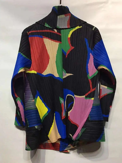 GVUW Pleated Color Block Jacket Coat Women's 2025  Autumn Lapel Long Sleeve Single Button Loose Female Fashion Top 17D1331