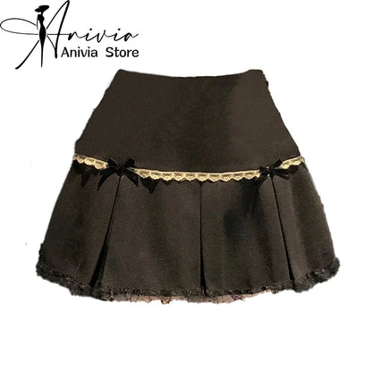 Women Black Gothic A-line Pleated Skirt Vintage Y2k Mini Skirt Harajuku Korean Elegant Lace Emo Skirts 2000s Clothes Summer 2024