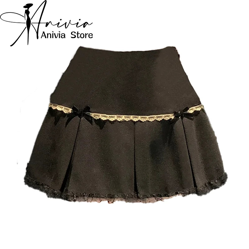 Women Black Gothic A-line Pleated Skirt Vintage Y2k Mini Skirt Harajuku Korean Elegant Lace Emo Skirts 2000s Clothes Summer 2024