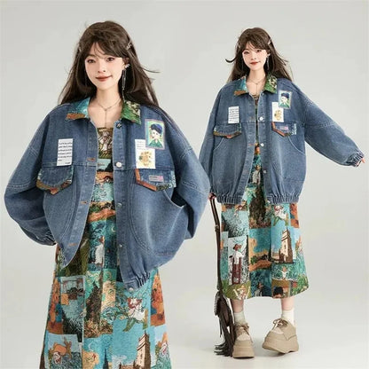 French Female Jacquard Bow Jeans Jacket Ladies Fashion Leisure Cowboy Outwear Spring Autumn Women Long Sleeves Denim Tops Coat