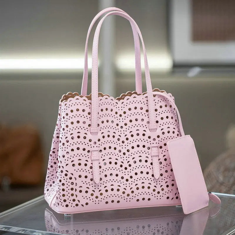 Brand Designer Luxury High Quality Mini Cowhide Shoulder Handbags 2025 Hollow Fashion Large Capacity Genuine Leather Bucket Bag