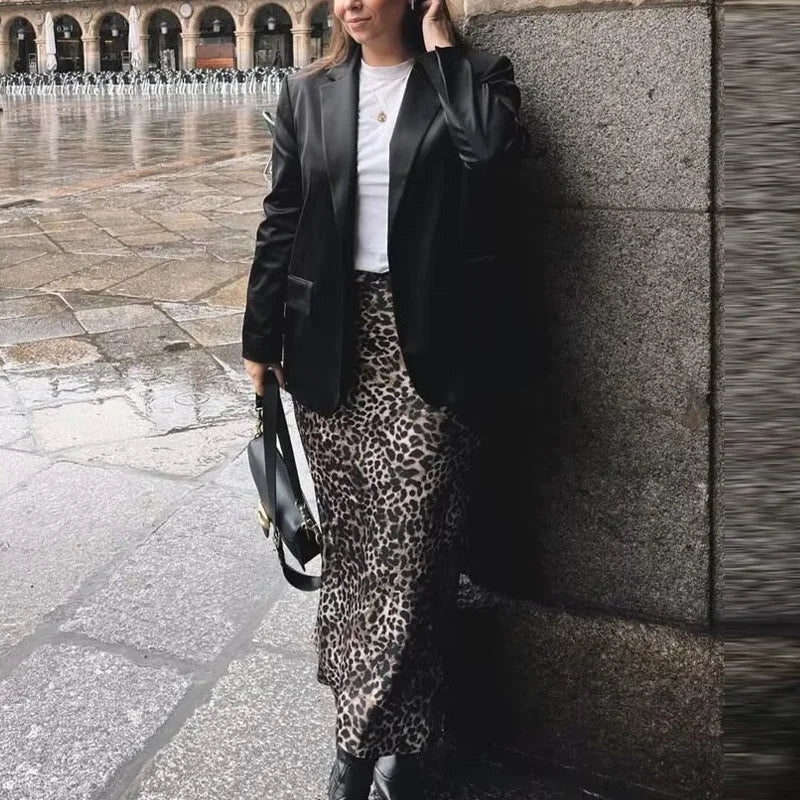 HXAO Woman Bow Leopard Print Skirts Women's Skirt Summer Satin Long Skirt High Waist Vintage Smooth Skirts Luxury Elegant Skirts