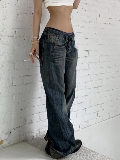 Deeptown Blue Vintage Y2k Women Jeans Wash Harajuku Low Waist Japanese 2000s Style Denim Pants Baggy American Streetwear Autumn