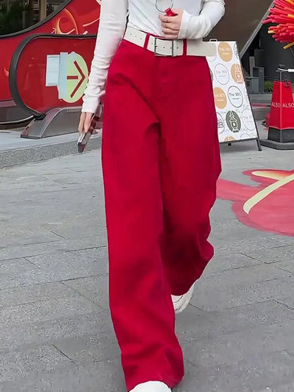 Retro Red High Waist Wide Leg Jeans For Women 2025 New Style Loose Casual Full-Length Denim Pants No Belt Trendy Autumn Winter