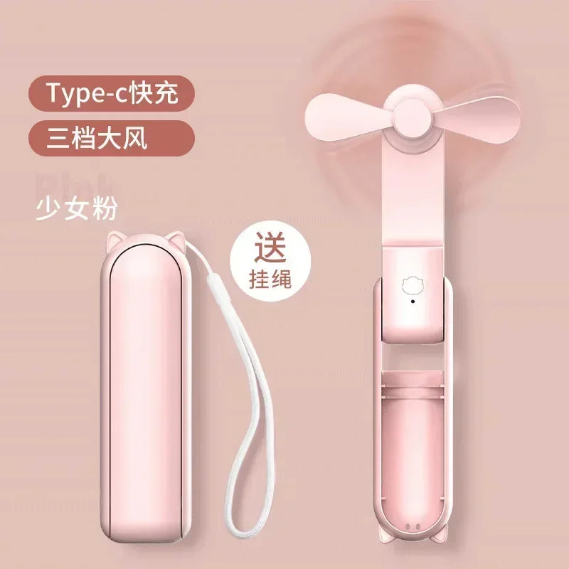 Portable Mini Fan USB Rechargeable Foldable Handheld Fan With Lanyard 3-speed Adjustable Hanging Neck Fans for Outdoor Travel