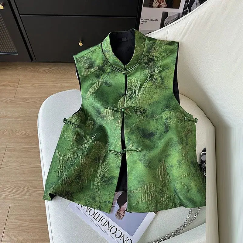 2025 Retro Chinese Literature Green Jacquard Vest Classical Chic Versatile Waistcoat Female Sleeveless Singlet Tops