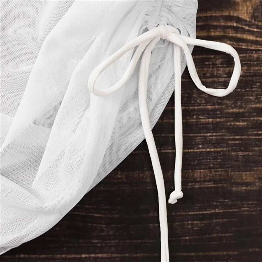 Women Beachwear Hip Skirt Translucent Sexy Swimsuit Beach Skirt Seaside Gauze Skirt Ruffled Overskirt Mesh Drawstring Cover Up