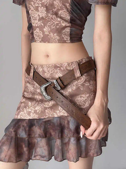 Y2K subculture retro engraved waist belt women's rose pattern brown pants beltmei niche design sense leather belt