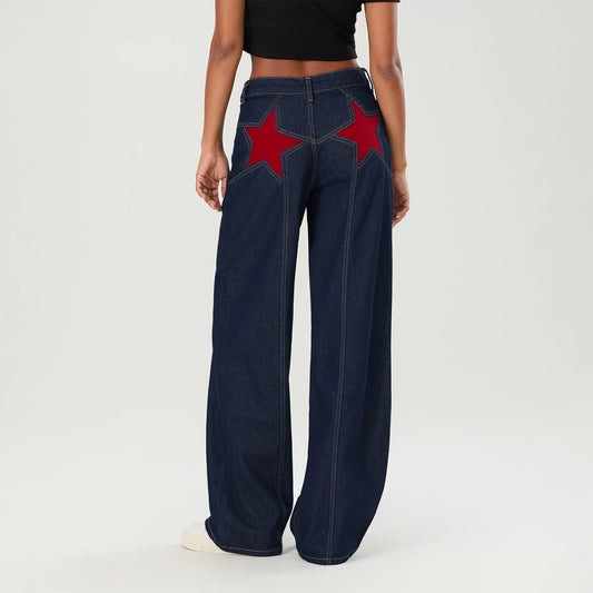 Women's Y2K Vintage Jeans Aesthetic Star Pattern Print Loose Straight Leg Denim Long Pants Casual Low Waist Trousers